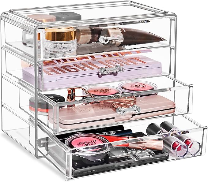 Sorbus Acrylic Makeup Organizer Set, 4-Drawer Vanity & Countertop Cosmetic Storage with Wide Drawers, Clear Makeup Storage fo