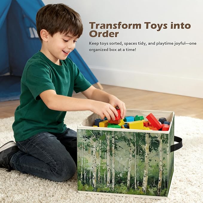 Modern Abstract Birch Tree Storage Box Bins, Green Forest Nature Landscape Collapsible Storage Basket Organizer for Bedroom L