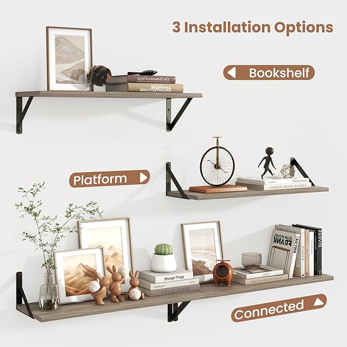 Axeman Floating Shelves for Wall 24 Inch | 24W x 8D Rustic Grey Floating Shelves Set of 2 | 8 Inch Deep Wall Shelves for Bath