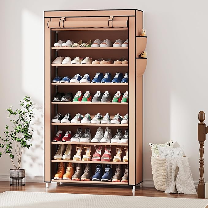 Laiensia 9-Tier Vertical Shoe Rack Organizer, Space Saving Shoe Storage Organizer, Non-Woven Cover Shoe Shelf Holds 36-45 Pai