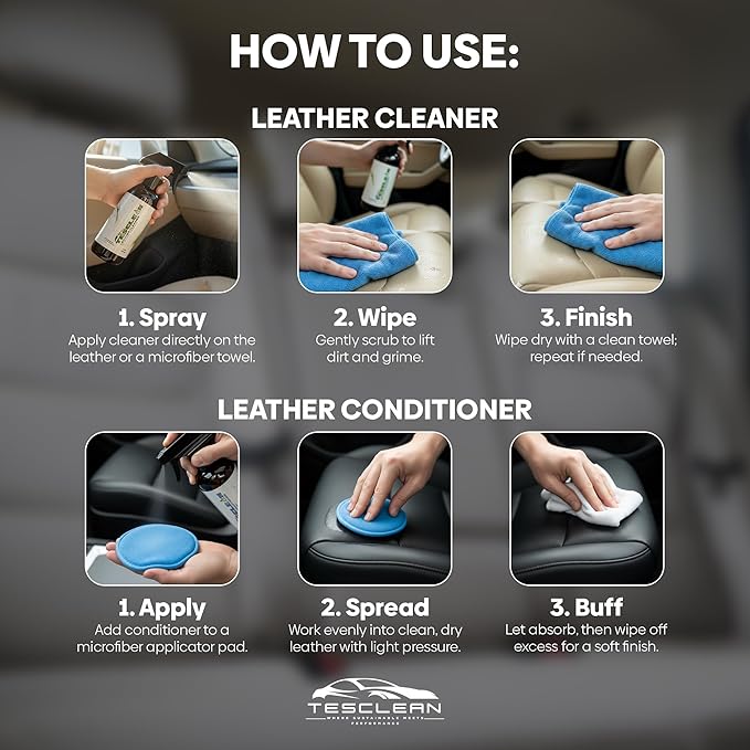 Tesla Leather Seat Cleaner & Conditioner, Made in the USA, Tesla Cleaning Kit Interior V egan Conditioner Electric Vehicle In