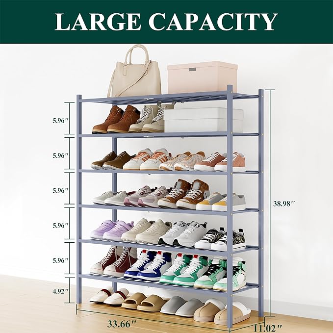 Smiry Shoe Rack, 6 Tier Long Bamboo Shoe Organizer, Stackable Free Standing Wooden Shoe Storage Shelf for Closet, Entryway, F