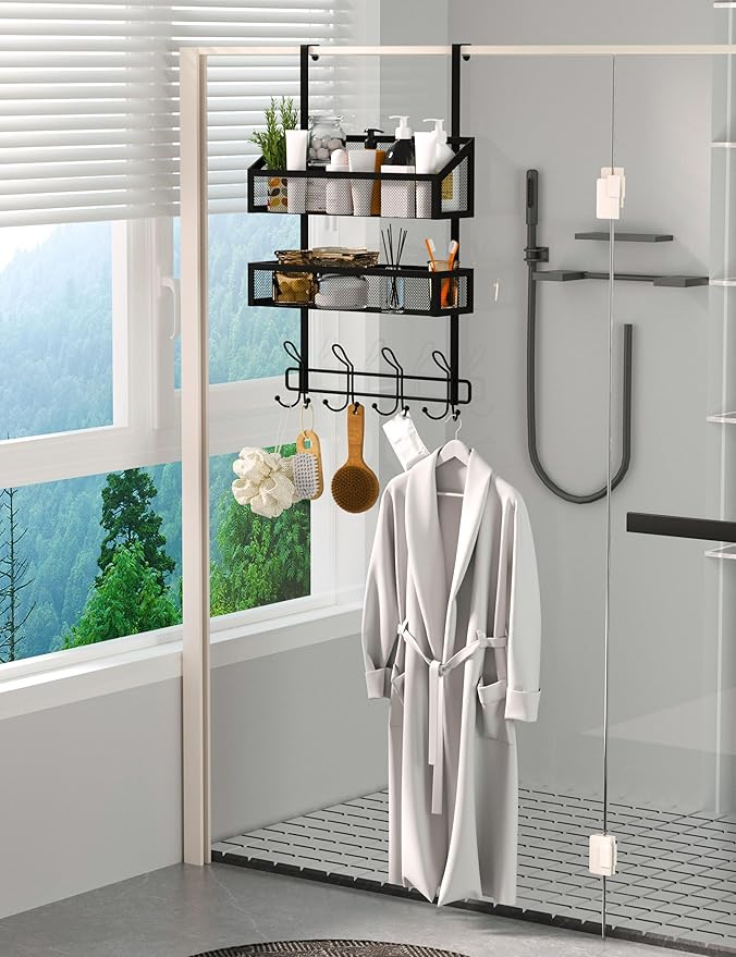 Over The Door Hooks Organizer Storage - Over The Door Hanger for Coat Rack, Storage with 12 Hook & 2 Mesh Baskets, for Bathro
