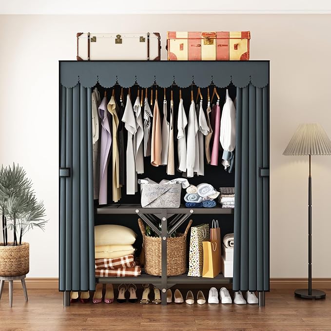 Foldable Clothes Hanger with Cover Portable Wardrobe, Metal Standing Armoire Wardrobe Clothes Rack with Gray Fabric Cover,One