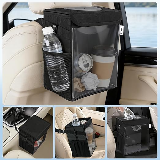 Ryhpez Car Trash Can with See Through Window, Clear Black Multipurpose Car Organizer Storage with Removable Liner, Leakproof Car Garbage Container for Vehicles, SUV, Truck (2.1Gallon/8L)