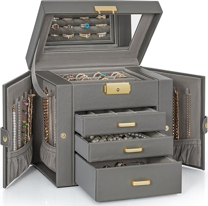 AKOZLIN 4-Tier Jewelry Box Leather Jewelry Storage Organizer with 3 Drawers Lockable for Women Girls Ring Necklace Earring Br