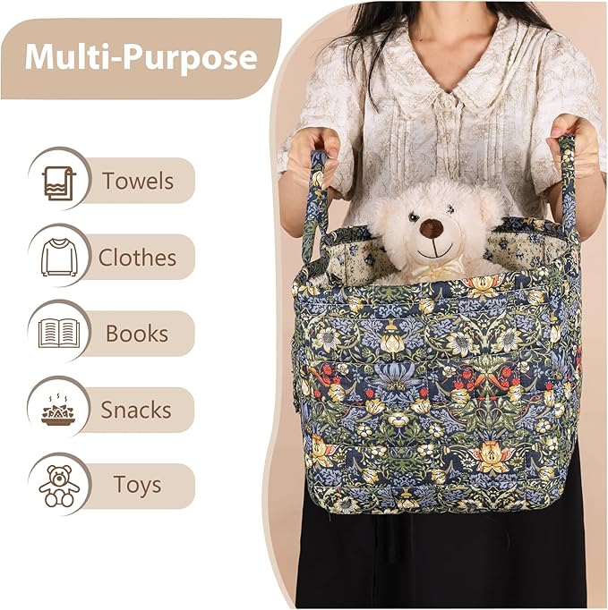 Storage Basket Boho Fabric Large Collapsible Floral Laundry Nursery Hamper Portable Folding Storage for Clothes Toys (Blue)