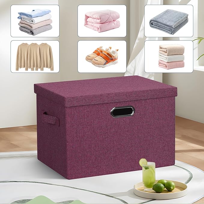Graciadeco Large 17" 36 Quart Collapsible Stackable Storage Bins with Lids, 3 Packs Purple Linen Fabric Closet Boxes with Lid