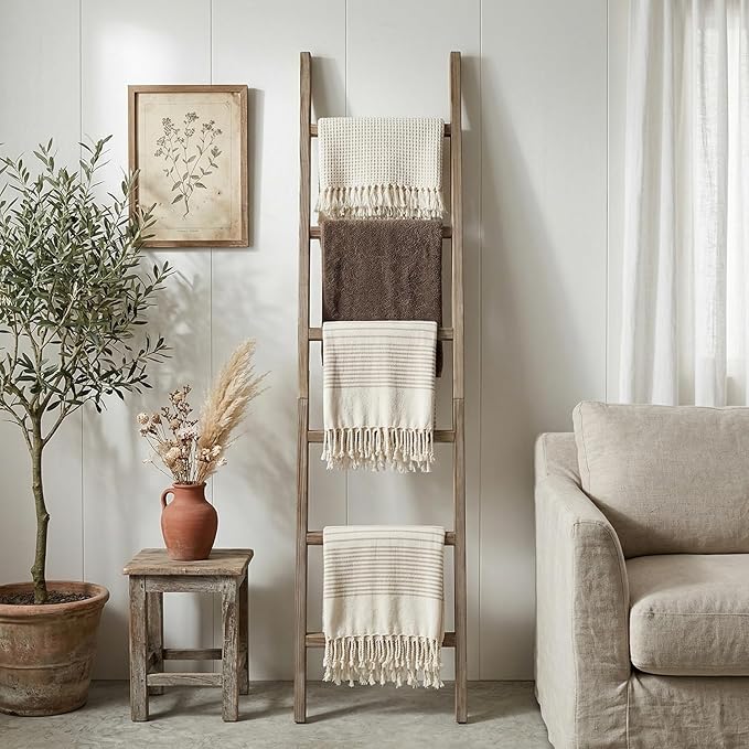 Blanket Ladder 76in Wooden Ladder Shelf Living Room Bathroom Bedroom Decorative Wall Leaning Farmhouse Quilt Display Holder R