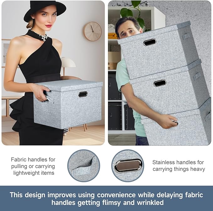 Graciadeco Large 17" 36 Quart Collapsible Stackable Storage Bins with Lids, 3 Packs Blue-Grey Linen Fabric Closet Boxes with 