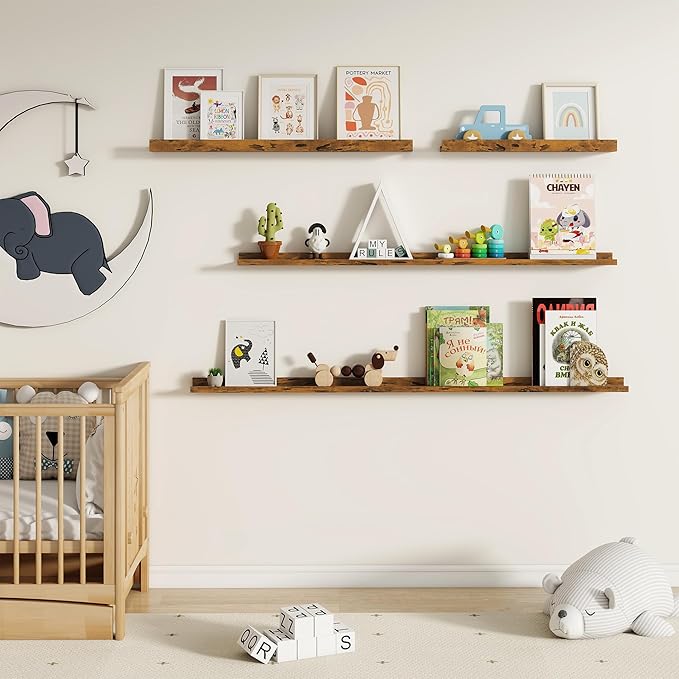 Fun Memories Picture Ledge Shelf, 60 Inch Floating Shelves Set of 2, Large Book Shelves for Toys Storage, Kids Bookshelf Wall