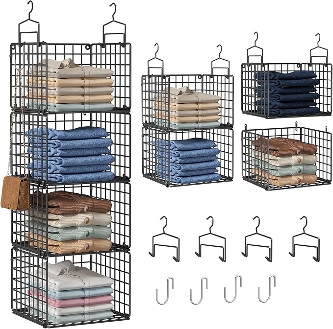 Hanging Closet Organizer, 4 Tier Metal Closet Organizers and Storage with 4 Hanging Hooks 4 S-Hooks for Wardrobe Laundry Room