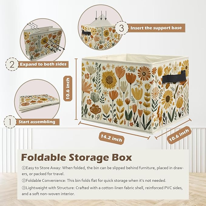 Boho Floral Storage Box Bins, Cottagecore Country Wildflower Botanical Collapsible Storage Basket Organizer for Bedroom Laund