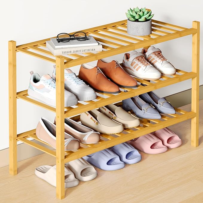 Smiry Bamboo Shoe Rack for Closet, 3 Tier Wooden Stackable Shoe Organizer, Free Standing Shoes Storage Shelf for Entryway, Fr