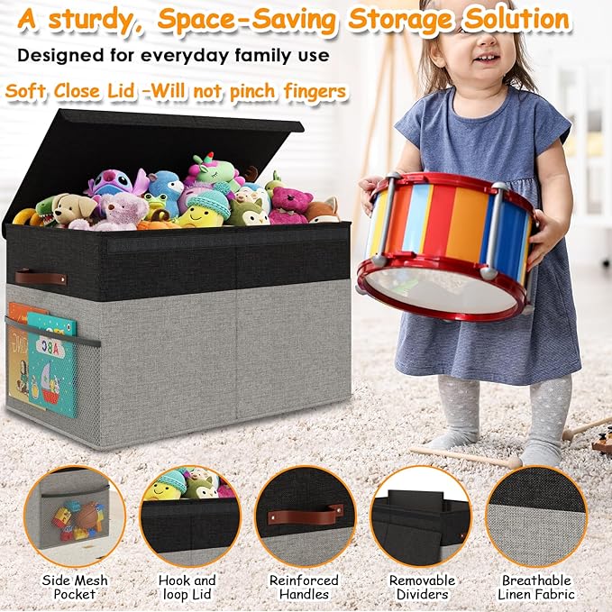 Large Toy Storage Box with Lid Upgraded Toy Storage Chest Organizer with Divider Foldable Toy Bin for Kids Boys Girls Playroo