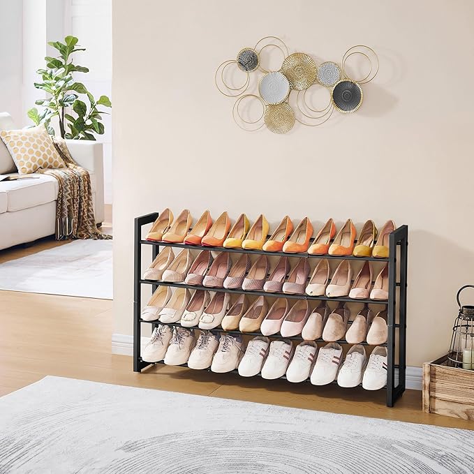 FAVOOSTY 4-Tier Expandable Shoe Rack, Adjustable Shoe Shelf Storage Organizer Space Saving Metal Free Standing Shoe Rack for 
