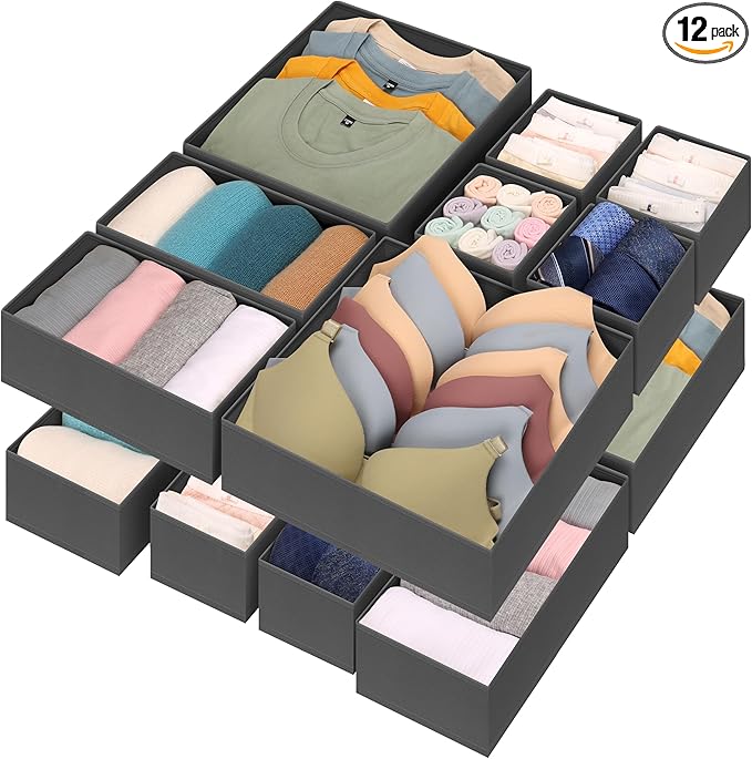 12 Pcs Drawer Organizer Clothes – Dresser Organizers for Baby Clothes, Underwear, Socks & Bedrooms – Foldable Storage Bins fo