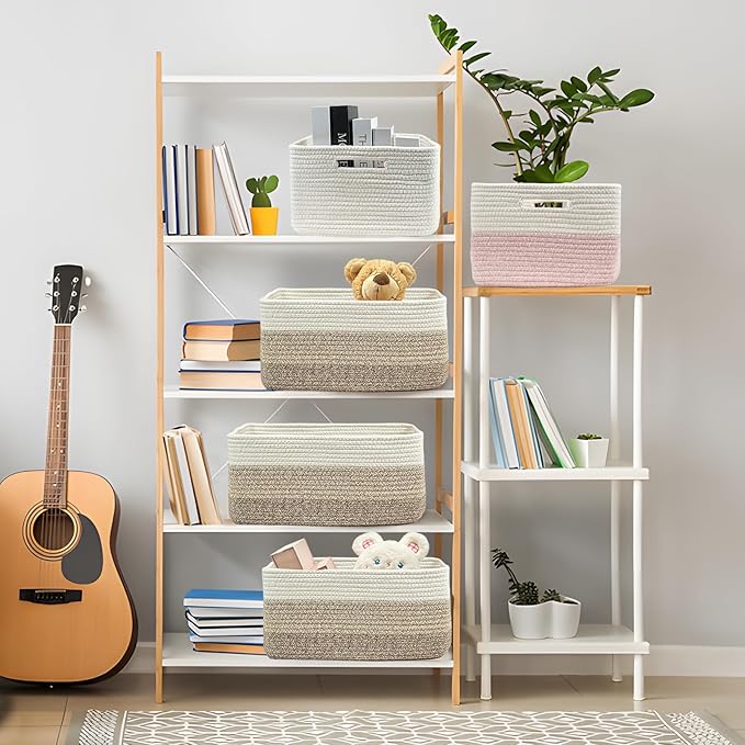 COMFY-HOMI 3 pcs Large Storage Baskets for Shelves, Laundry Basket, Woven Rope Basket, Closet Organizer Bins for Clothes Blan
