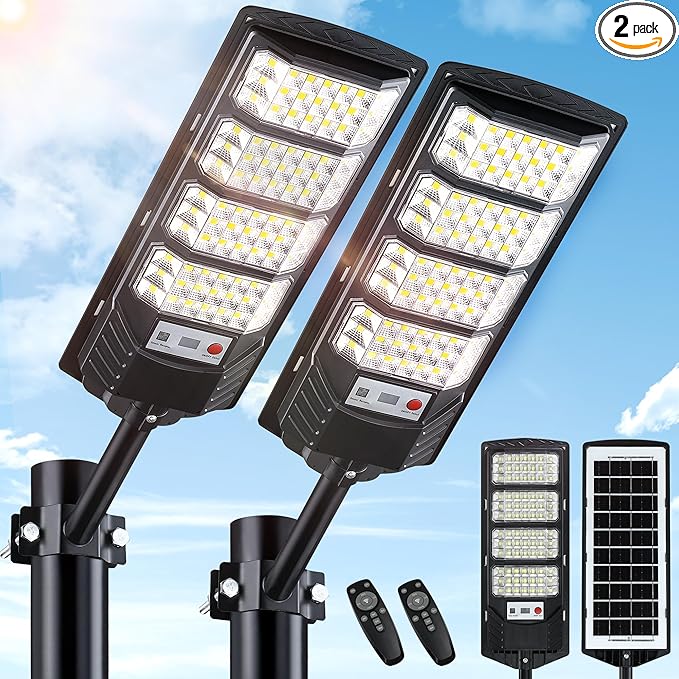 2 Pack Solar Street Lights Outdoor Waterproof,6500K LED Motion Sensor Lights,Dusk to Dawn Solar Flood Lights with Remote,Parking Lot Light,Commercial Area Lighting for Outside