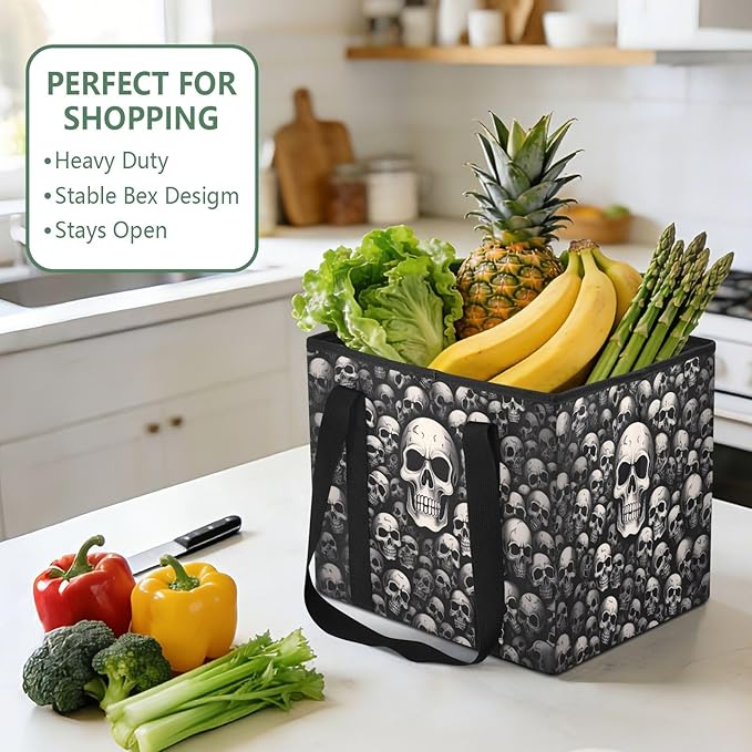 Skull Black Reusable Grocery Bags Large Shopping Tote Bag with Reinforced Bottom Board, Water Resistant Foldable Storage Bags