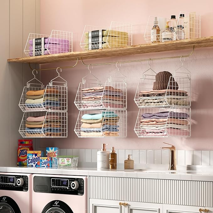 X-cosrack 6 Tier Closet Hanging Organizer, Clothes Hanging Shelves with 4 Hanging Hooks 5 S Hooks, Wire Storage Basket Bins, 