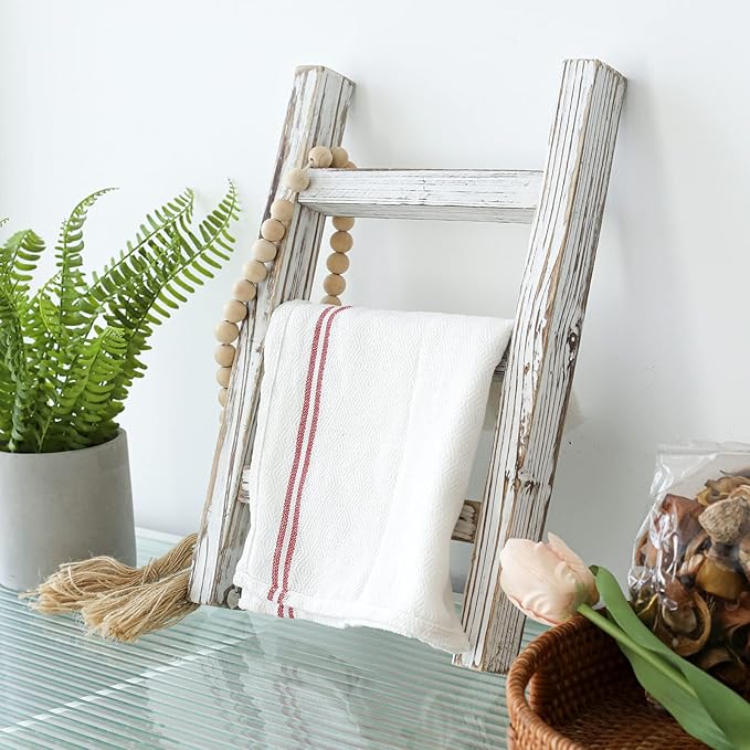 FUIN Wooden Tea Towel Ladder, Mini Ladder Towel Rack Display Hanger, Small Rustic Farmhouse Tea Towel Stand Holder for Countr