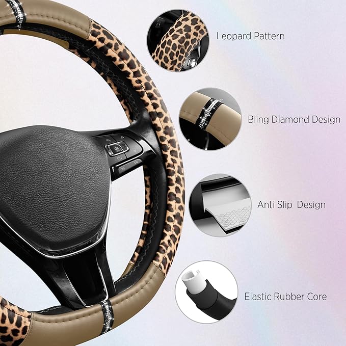 Road Comforts Leopard Steering Wheel Cover for Women, Cute Anti-Slip Microfiber Leather, Fits D Shape Flat Bottom Steering Wh