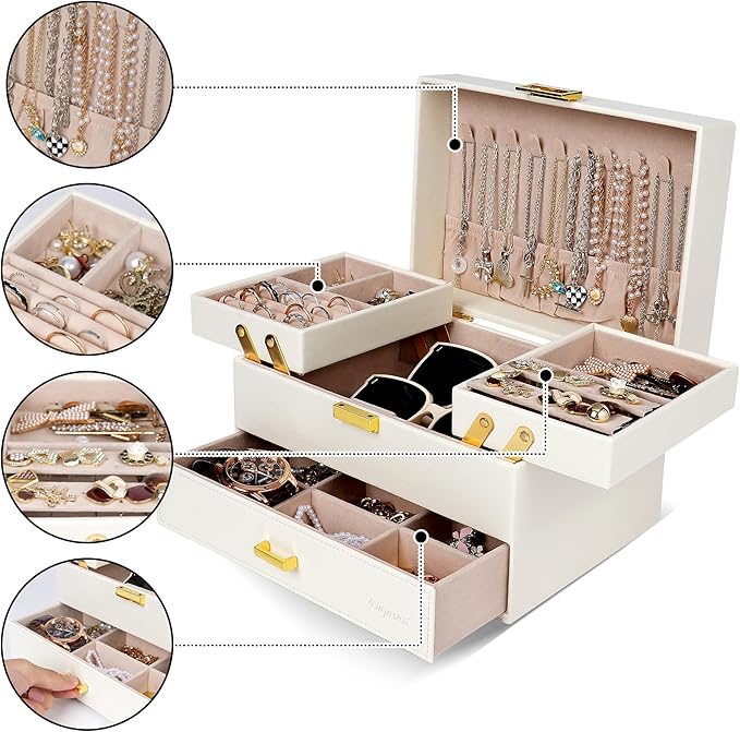 Dajasan Jewelry Organizer Box, Large Jewelry Boxes for Women Girls, Space-Saving 3 Layers Jewelry Storage Case with Drawer, M