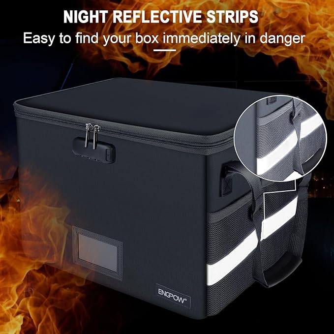 ENGPOW File Box with Lock, Fireproof Document Box with Pockets, Collapsible File Organizer Filing Storage Cabinet with Handle