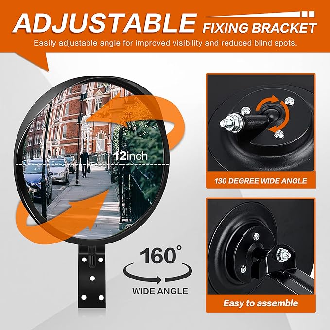 2Pcs 12" Convex Security Corner Mirror (Clear View) - Adjustable Fixing Bracket, Wide Angle, Indoor and Outdoor Use - Ideal for Warehouse, Office, Parking Garage, and Traffic Safety (Black)