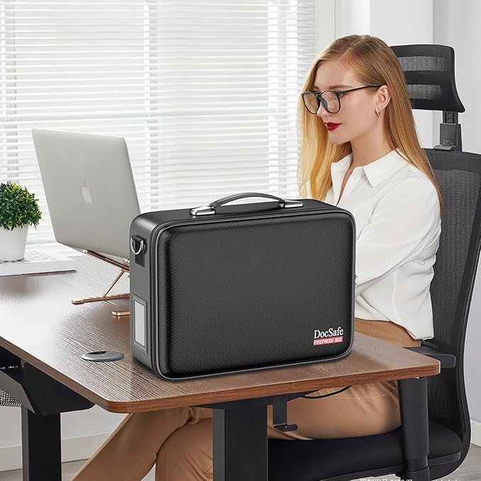 DocSafe Fireproof Document Box with Lock＆Shoulder Strap, Hard-Shell Case File Organizer with Accordion File Folder, Multi-Lay