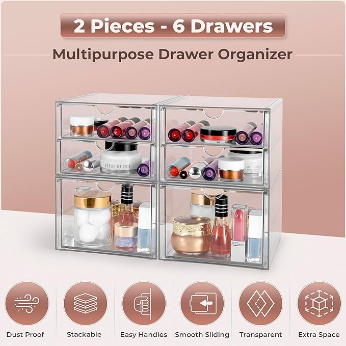 Sorbus Makeup Organizer With 6 Drawers, Acrylic Drawer Organizer for Makeup, Office Organization and Storage, Art Supplies, J