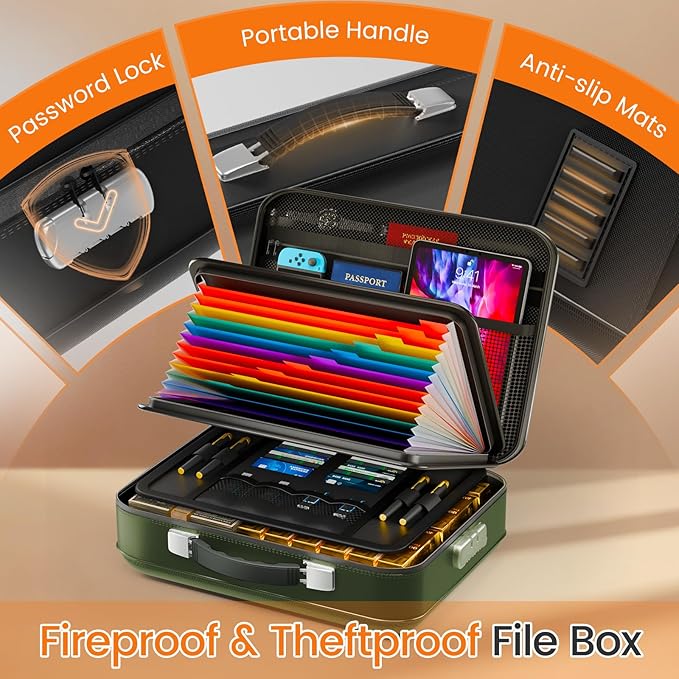 Fireproof Document Box with Lock, 5200°F Fireproof Water Resistant Hard Case File Organizer Safe Box for Important Documents,