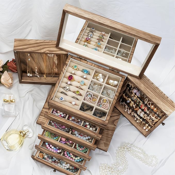 Emfogo Wooden Jewelry Box for Women, 6-Tier Large Jewelry Organizer Boxes with Mirror Rustic Solid Wood jewlery Storage Displ