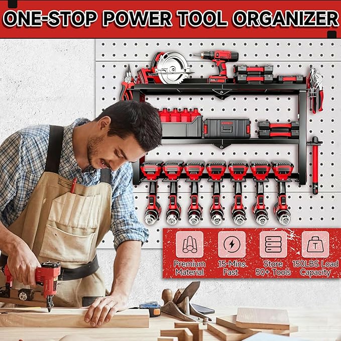 Power Tool Organizer Wall Mount, 150Lbs 3 Layer Metal Tool Storage Rack with 7 Cordless Drill Holder Heavy Duty, Battery Dril