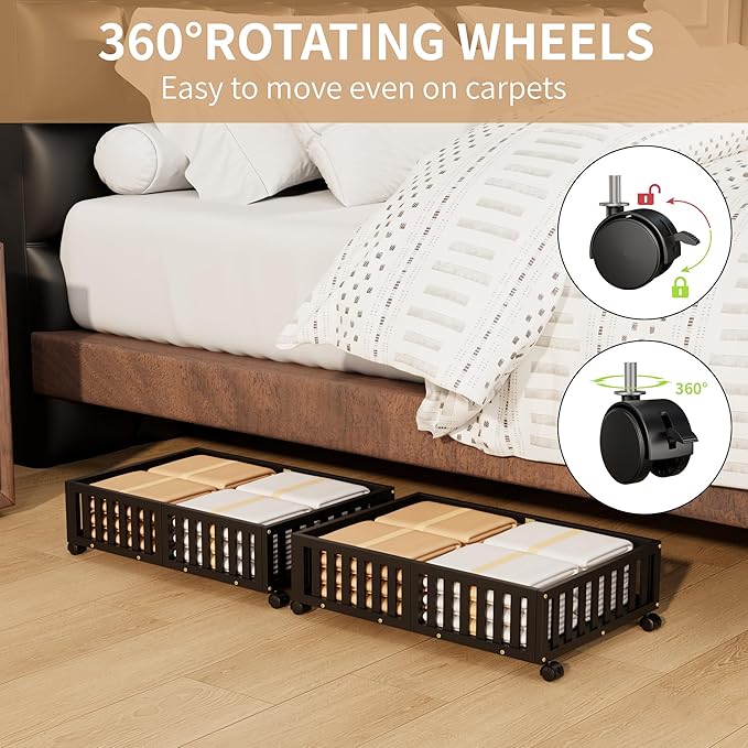 Bamboo Under Bed Storage with Wheels,Rolling Underbed Shoe Organizer Box for Shoes,Blankets,Toys,Clothes Container Space-Savi
