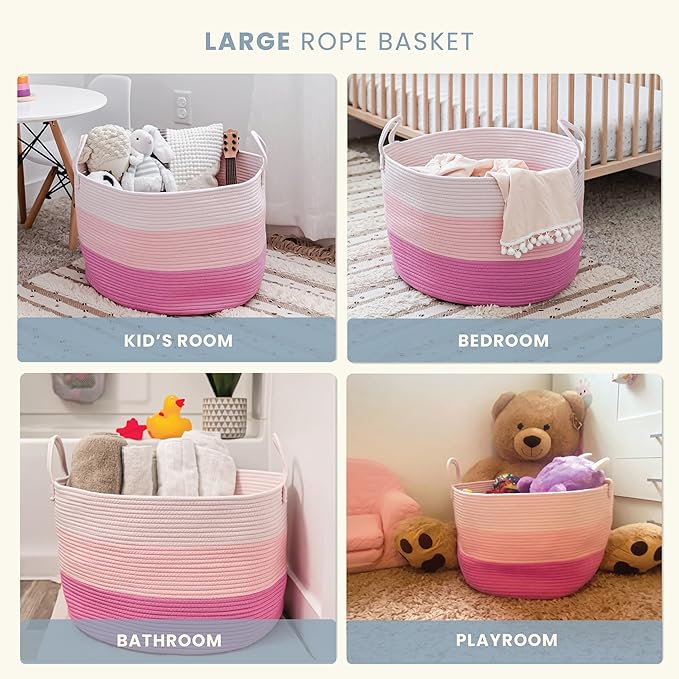 OrganiHaus Large Woven Storage Basket for Blankets and Toys 20" x 13" Inch, Rope Laundry Basket with Handles, Cushions & Pill