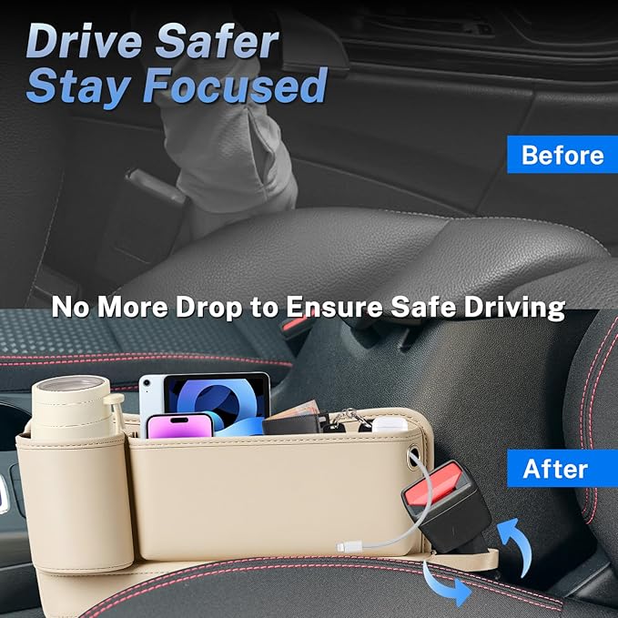 Car Seat Gap Filler Organizer 2 Pack, Car Seat Organizer with Cup Holders, 3-in-1 Removable Auto Organizer for Women, Universal Fit SUV Truck Fill The Gap Between Seats & Console(Beige)