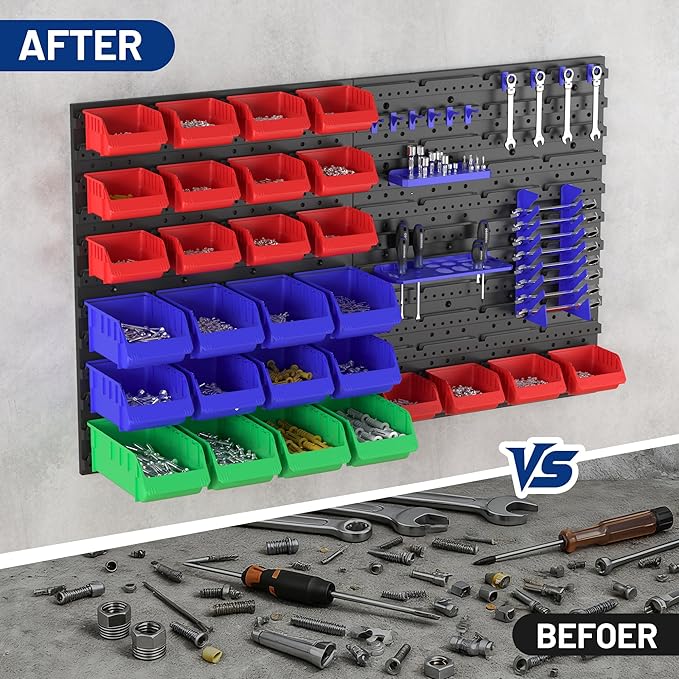 WORKPRO Pegboard Organizer Wall Mounted, 44PC Tool Storage Rack with Bins and Hooks, Peg Board Wall Organizer for Garage Orga