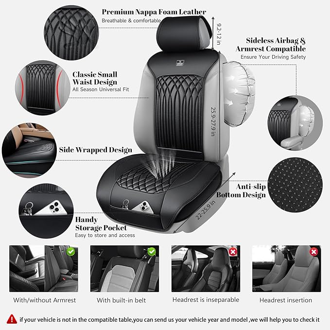 CAR PASS Car Seat Protector, Sideless Seat Covers for Cars, All Season Waterproof Nappa Leather Breathable Front Seats Cushio
