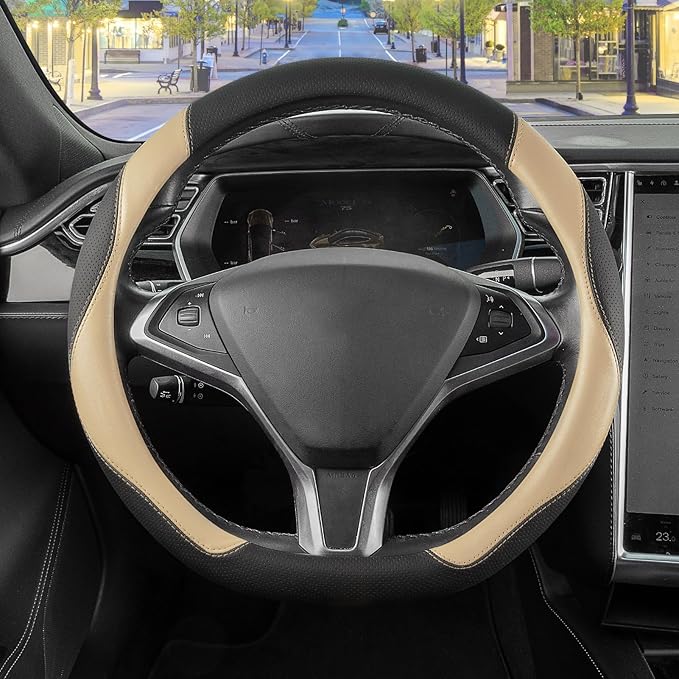 SEG Direct D Shaped Steering Wheel Cover, Flat Bottom Car Wheel Cover 14 1/2-15 in. (37-39 cm), Black and Beige Microfiber Le