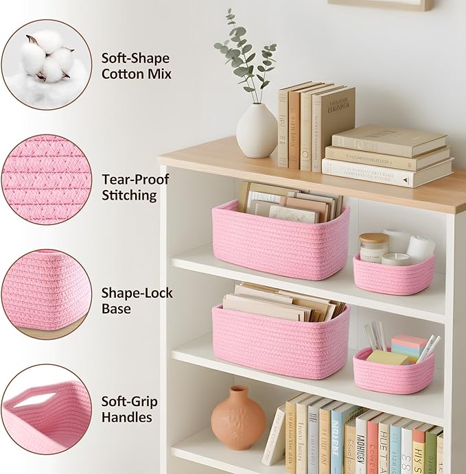 5-Pack Small Woven Rope Storage Baskets – 2 Sizes Organizer Bins for Closet, Shelf, Bookshelf, Nursery, Changing Table, Fabri