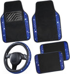 CAR PASS Bling Diamond Leather Steering Wheel Cover 14.5in-15in Floor Mats Shining Rhinestone Carpet Sparkly Glitter Crystal Anti-Slip Pad Fit Automotive SUV Pickup Truck Girl Women, 5pcs Black Blue