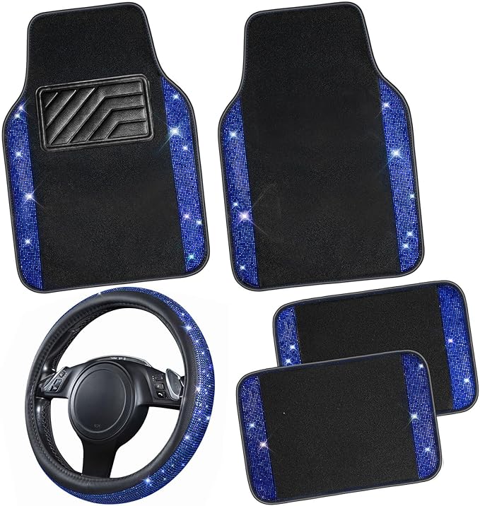 CAR PASS Bling Diamond Leather Steering Wheel Cover 14.5in-15in Floor Mats Shining Rhinestone Carpet Sparkly Glitter Crystal Anti-Slip Pad Fit Automotive SUV Pickup Truck Girl Women, 5pcs Black Blue