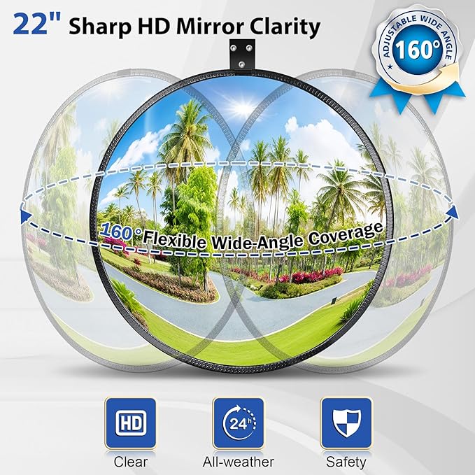 New Upgraded 22" HD Convex Mirror - 160° Adjustable Wide Angle View, Leather Frame & ABS Back, Traffic Mirror for Indoor/Outdoor Use in Garage, Warehouse, Driveway, Store & Office Security
