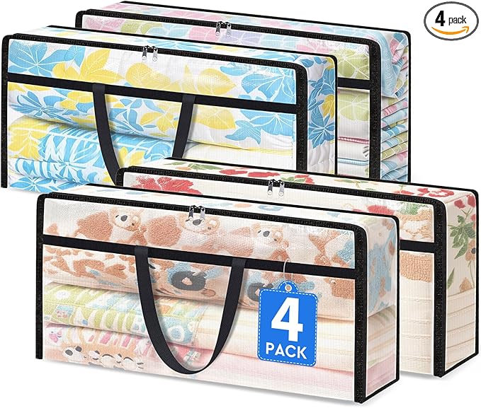 TasticTotes 4 Pack Long Clear Storage Bags for Comforter, Clothes & Bedding, Plastic Blanket Storage with Zipper and Handle, 