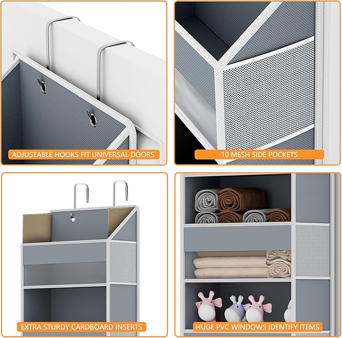 Over The Door Organizer - Over Door Storage Organizer with 5 Large Pockets & 10 Mesh Side Compartments - Heavy-Duty Hanging S