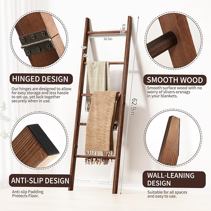 XLHOMO Blanket Ladder for Living Room, 5-Tier Wooden Ladder Shelf, Rustic Decorative Blanket Rack for Blankets, Quilts, Farmh