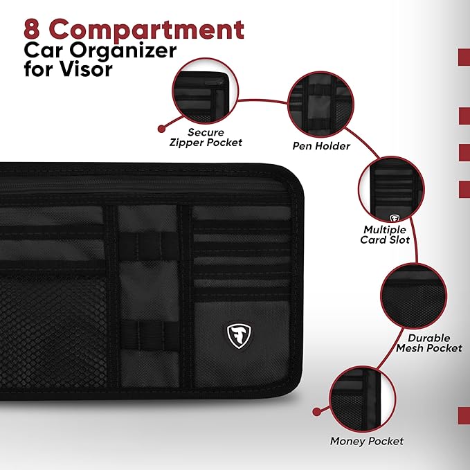 Firestone Car Sun Visor Organizer | 8 Compartment Visor Organizer for Car and Truck with Sunglasses, License, Registration Holder and Slots, Black