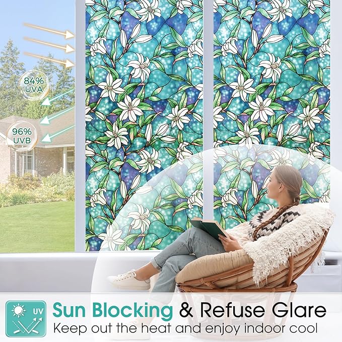 Coavas Decorative Window Privacy Film, Heat Control Sun Blocking Stained Glass Window Film, Floral Design Static Cling, Non Adhesive Windows Tint for Bathroom Front Door(Vinyl, 17.5" x 118.1 ")